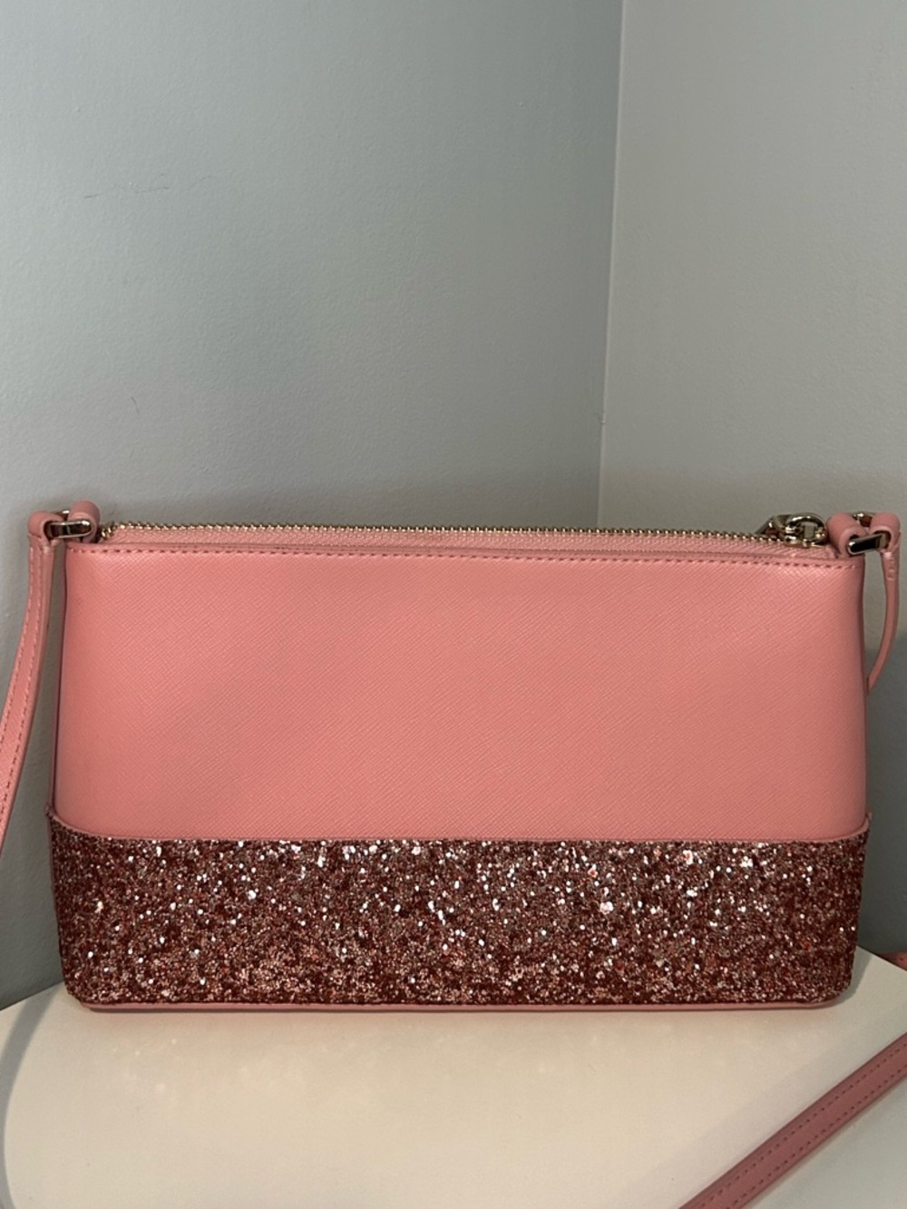 Kate Spade Greta Court Ramey Saffiano Pink Glitter Trim Crossbody Bag - Picture 5 of 8